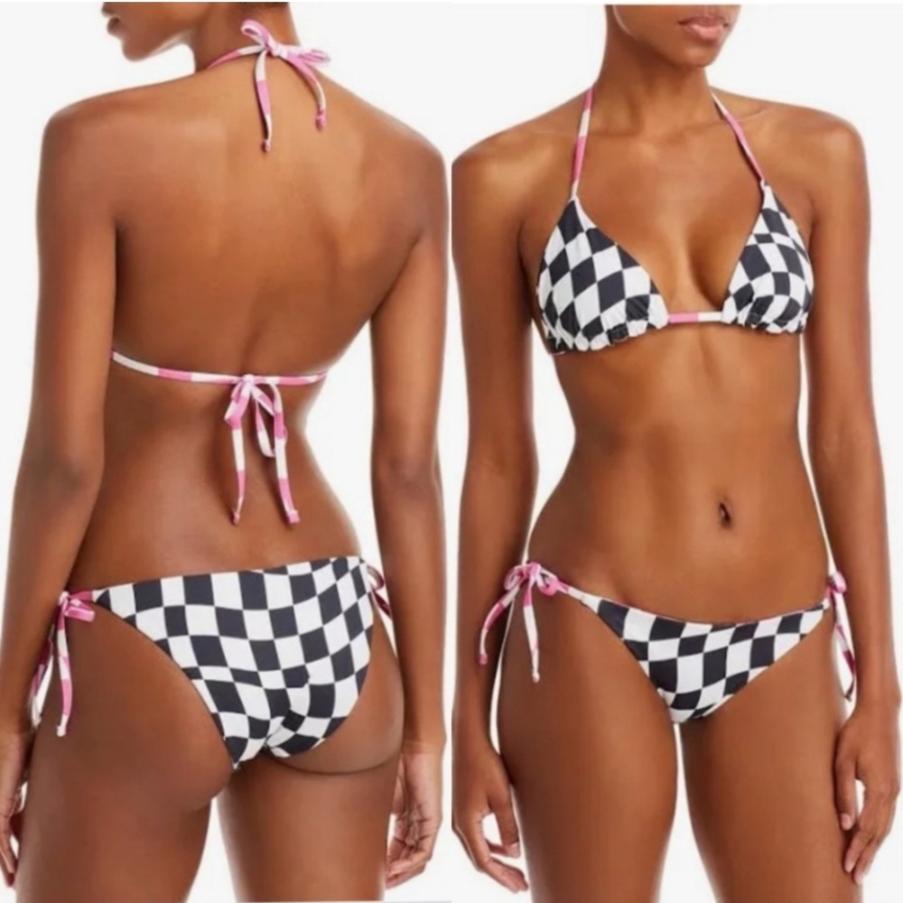 NWT 𝐒𝐨𝐥𝐢𝐝 & 𝐒𝐭𝐫𝐢𝐩𝐞𝐝 reversible pink black check halterIris string bikini MEDIUM